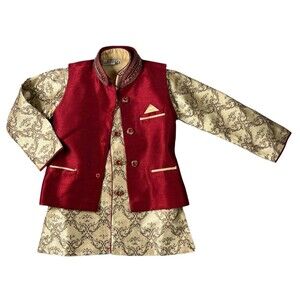 Arkion Ethnic Boys Red & Gold Indo Embellished Dress Waistcoat Set Size 4